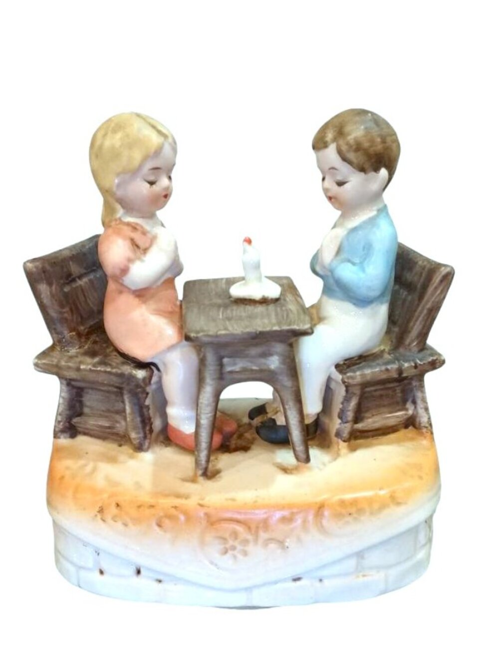 RARE Vintage Sankyo Boy Girl Praying W CAP Porcelain Music Box Bless This House